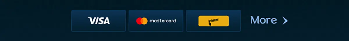Online casino payment options displaying Visa, Mastercard and Paysafecard logos with a “More” button for additional payment methods.