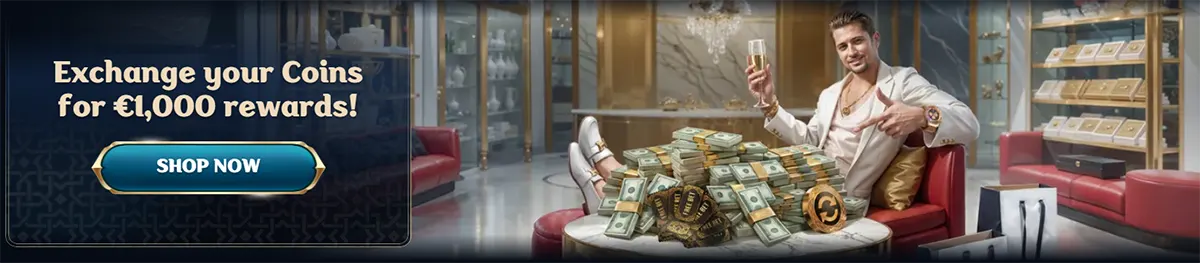Casino promotion banner advertising coin rewards exchange for up to €1,000, featuring a man celebrating with champagne beside stacks of cash in a luxury casino lounge setting.
