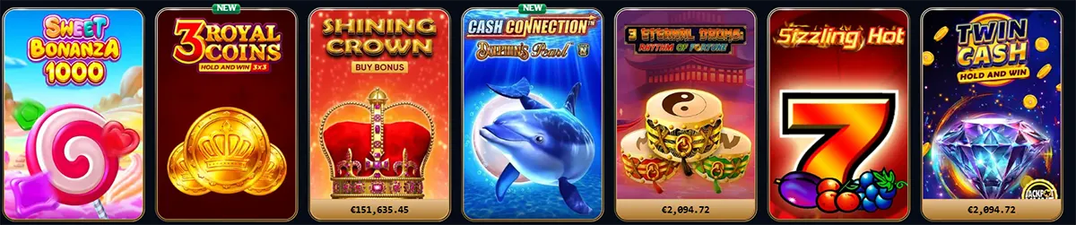 Online casino slot game thumbnails including Sweet Bonanza 1000, 3 Royal Coins, Shining Crown, Cash Connection Dolphin’s Pearl, Eternal Dreams Rhythm of Fortune, Sizzling Hot, and Twin Cash Hold and Win displayed in a colorful game lobby.