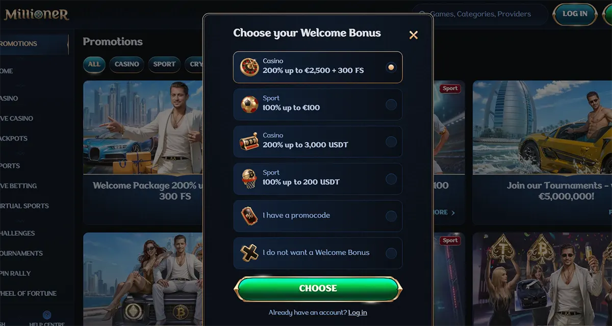 Millioner online casino interface with a “Choose your Welcome Bonus” popup offering options such as 200% up to €2,500 + 300 free spins for casino, sports bonus up to €100, crypto bonuses in USDT, promo code entry, or declining the welcome bonus.